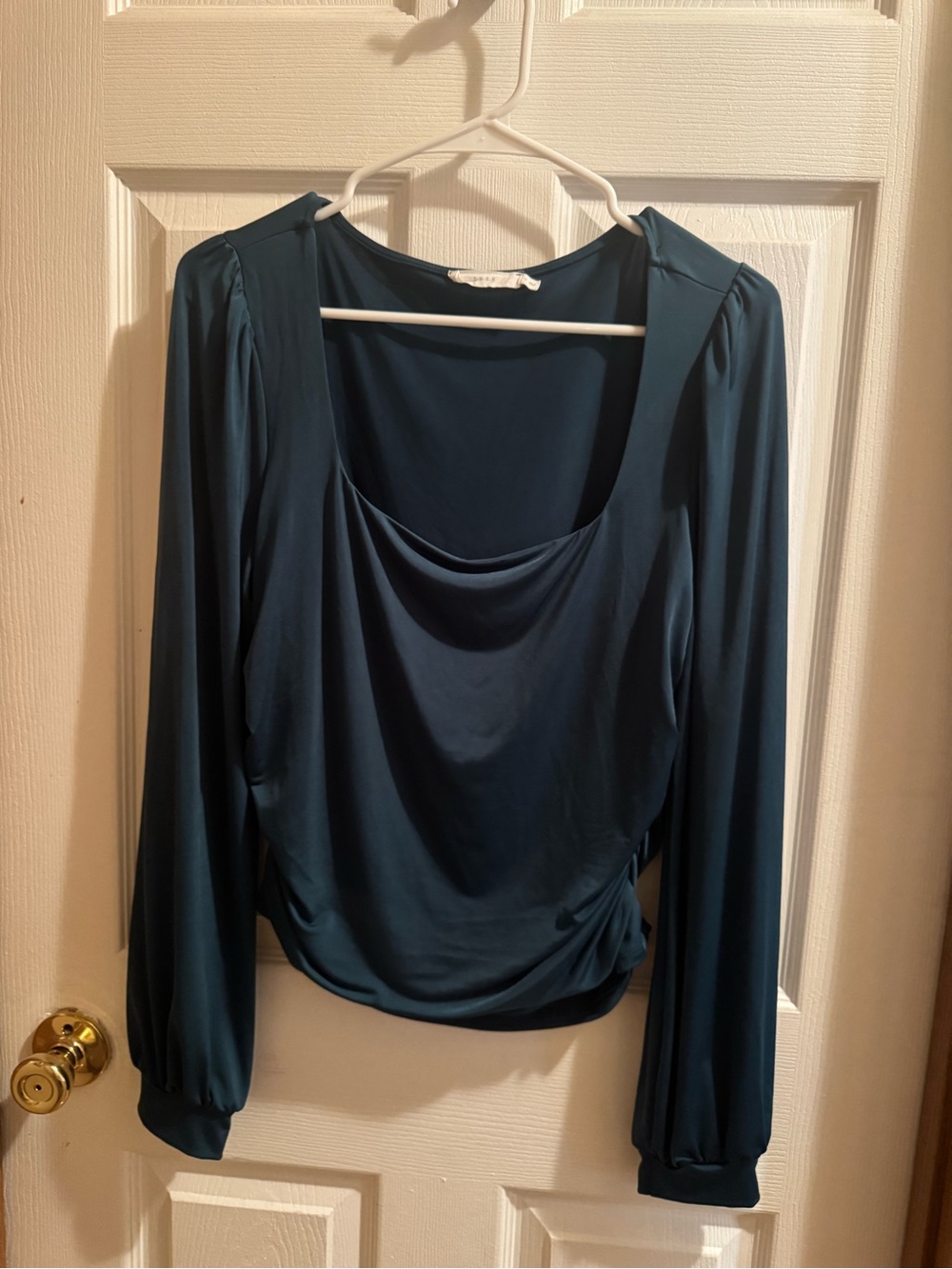 Lush Teal Long Sleeve Draped Neck Blouse